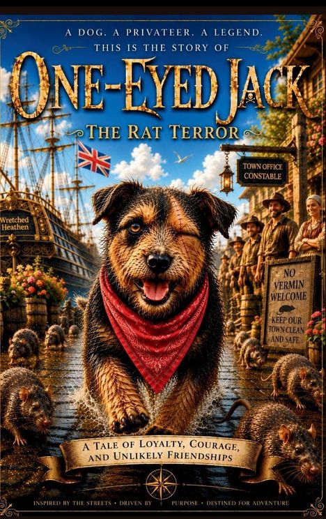 Titel: "ONE-EYED JACK: THE RAT TERROR". Ein Hund mit Augenklappe, umgeben von Ratten und Menschen in einer Hafenstadt.