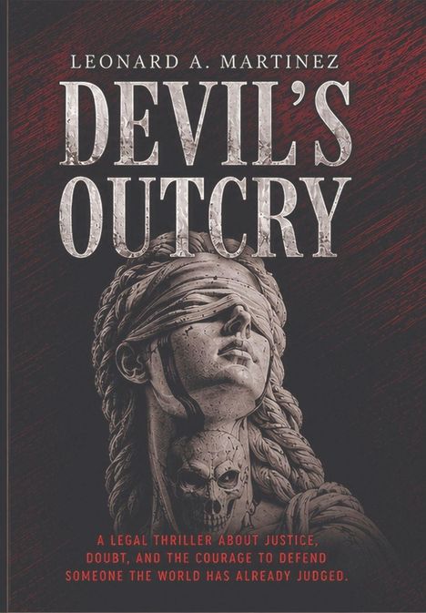 „Leonard A. Martinez, Devil's Outcry. A legal thriller about justice, doubt, and courage.“ Illustration einer Statue.