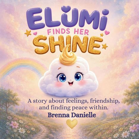 "ELUMI FINDS HER SHINE" in großen Buchstaben. Niedliche Wolke mit Gesicht, Regenbogen, bunte Landschaft.