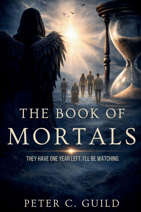 "THE BOOK OF MORTALS. THEY HAVE ONE YEAR LEFT. I'LL BE WATCHING." Illustrative Szene mit Figuren, Sanduhr, Flügelwesen.