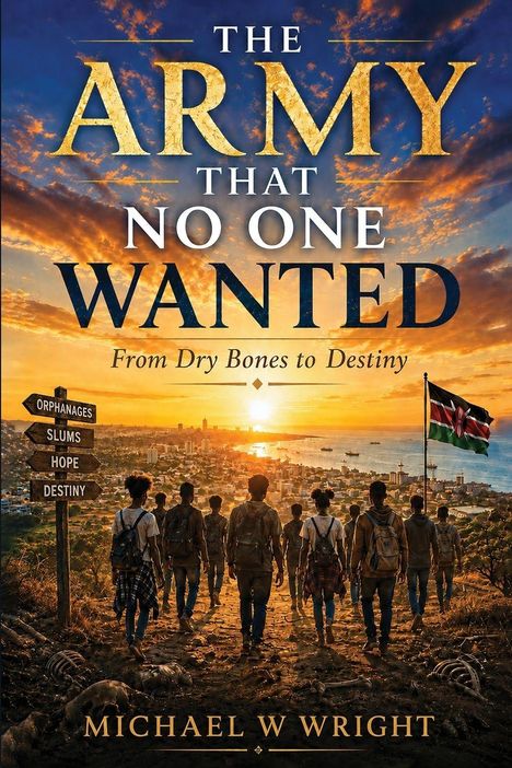 "The Army That No One Wanted. From Dry Bones to Destiny." Junge Menschen gehen eine Anhöhe hinab, Richtung Stadt im Sonnenuntergang.