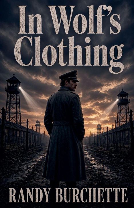 „In Wolf's Clothing“ und „Randy Burchette“, Illustration eines Mannes in Uniform, bewölkter Himmel, Wachtürme im Hintergrund.