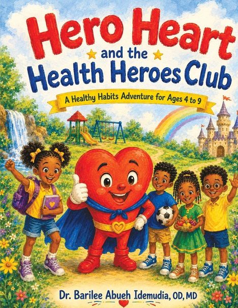 „Hero Heart and the Health Heroes Club“ steht in großen, bunten Buchstaben. Illustrierte Kinder umgeben ein Herz in Superheldenkostüm.
