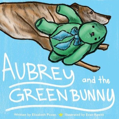 „Aubrey and the Green Bunny“ steht in großen, weißen Buchstaben. Ein Hund trägt einen grünen Hasen auf einem blauen Hintergrund.