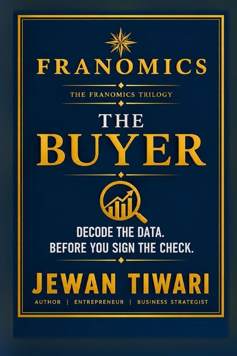 "Franomics: The Buyer" von Jewan Tiwari. Enthält Grafik mit Lupe und Diagramm, Thema: Datenanalyse vor dem Kauf.