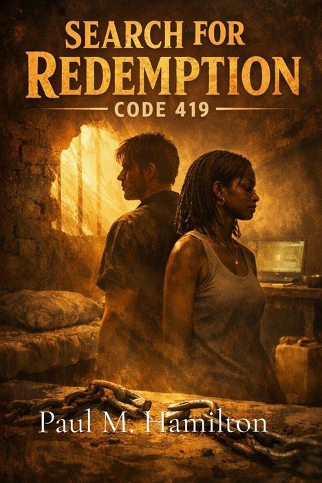 Text: "Search for Redemption Code 419", "Paul M. Hamilton". Illustration: Zwei Personen in einem abgenutzten Raum, Ketten auf dem Tisch.
