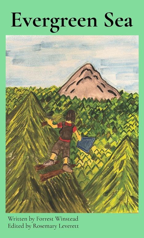 Text: Evergreen Sea. Illustration: Eine Person balanciert auf einem Ast über grünen Bergen vor einem Berg im Hintergrund.
