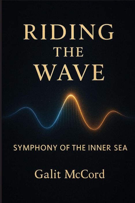 "Riding the Wave: Symphony of the Inner Sea" von Galit McCord. Wellenlinie in Blau-Orange auf schwarzem Hintergrund.