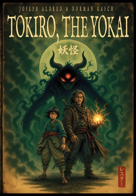 Cover mit dem Titel "TOKIRO, THE YOKAI", zwei Personen mit einem leuchtenden Ball und ein Schattenwesen im Hintergrund.