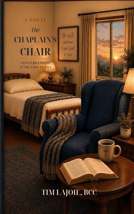 Titel: The Chaplain's Chair. Psalm 46:10 Zitat. Gemütliches Zimmer mit Bett, Sessel, Buch, Tasse und Fenster mit Sonnenuntergang.