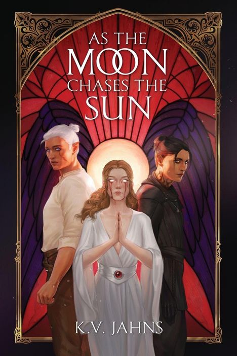 "As the Moon Chases the Sun", K.V. Jahns. Drei Personen vor einer roten und violetten Kulisse.