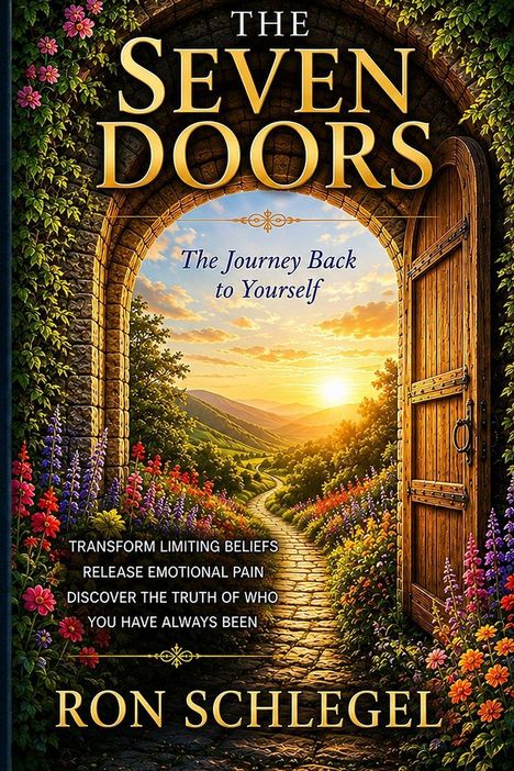 "The Seven Doors: The Journey Back to Yourself" von Ron Schlegel. Ein offenes Tor führt zu einem blühenden Pfad im Sonnenuntergang.