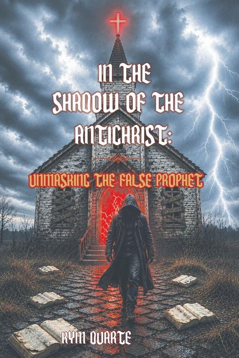 Text: "IN THE SHADOW OF THE ANTICHRIST: UNMASKING THE FALSE PROPHET" und "KYM DUARTE". Eine düstere Kirche bei Gewitter.