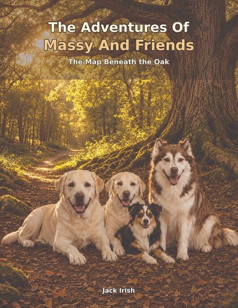 „The Adventures Of Massy And Friends: The Map Beneath the Oak“ von Jack Irish. Vier Hunde sitzen unter einem großen Baum.