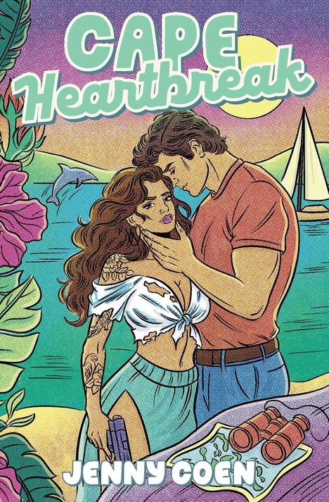Text: "CAPE Heartbreak", "JENNY COEN". Illustration: Ein Paar voller Leidenschaft, umgeben von tropischen Motiven.