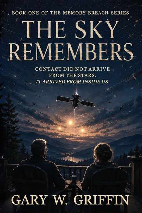 Text: "The Sky Remembers" von Gary W. Griffin. Zwei Personen sitzen auf einer Veranda und betrachten den Sternenhimmel.
