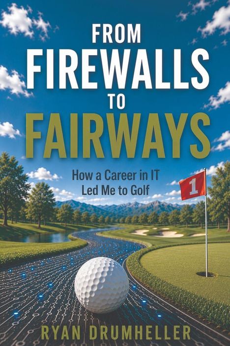 "FROM FIREWALLS TO FAIRWAYS: How a Career in IT Led Me to Golf" von Ryan Drumheller. Ein Golfball liegt auf einem Stromkreisweg.