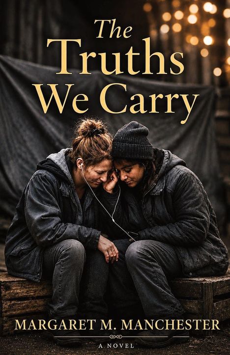„The Truths We Carry“ von Margaret M. Manchester. Zwei Frauen sitzen eng beieinander und teilen Kopfhörer.