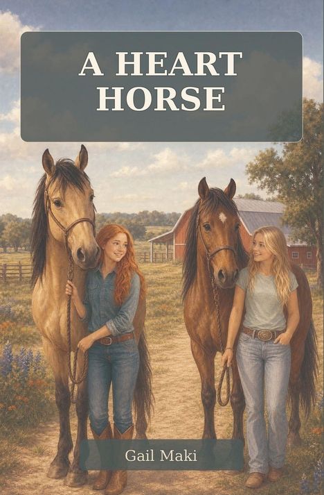 Oben steht "A Heart Horse", unten "Gail Maki". Zwei Frauen mit Pferden und eine Scheune im Hintergrund.