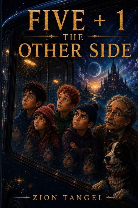 "FIVE + 1: THE OTHER SIDE" von Zion Tangel. Illustration zeigt fünf Personen und einen Hund vor einem mystischen Schloss im Hintergrund.