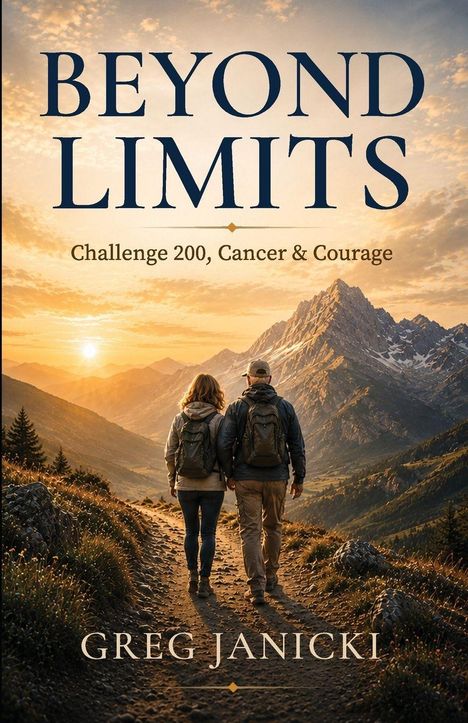 „BEYOND LIMITS“, „Challenge 200, Cancer & Courage“, „GREG JANICKI“. Zwei Wanderer in einer malerischen Berglandschaft bei Sonnenuntergang.
