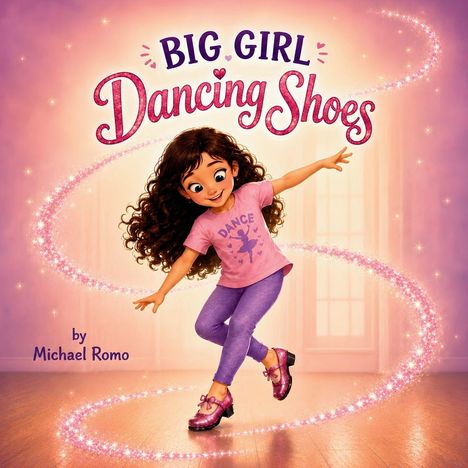"BIG GIRL Dancing Shoes" von Michael Romo. Ein fröhliches Mädchen tanzt in glitzernden Schuhen, umgeben von einem funkelnden Bogen.