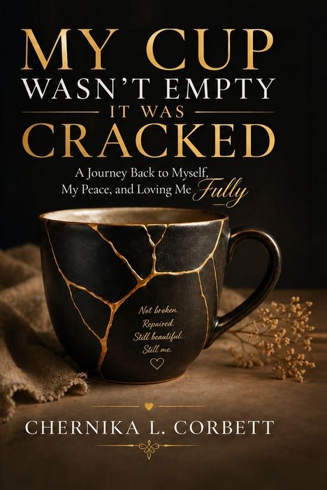 Buchcover mit Text: "MY CUP WASN'T EMPTY IT WAS CRACKED". Ein schwarzer Becher mit goldenen Rissen und Blumen im Hintergrund.