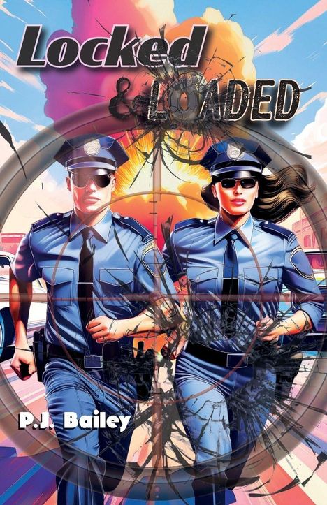 „Locked & Loaded“ oben, „P.J. Bailey“ unten. Zwei Polizisten rennen, Hintergrund: Explosion und Zielvisier.