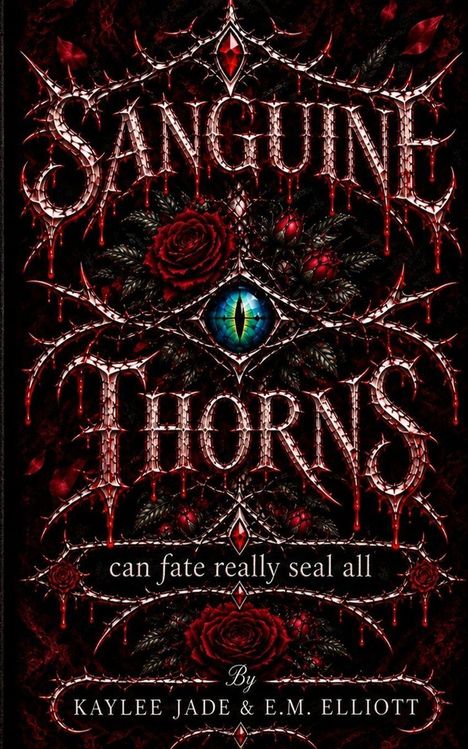 „Sanguine Thorns“ in blutroter, stacheliger Schrift, darunter ein blaues Drachenschauge, Rosen und Dornen.