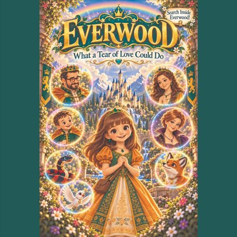 "Everwood: What a Tear of Love Could Do." Ein Mädchen in einem grünen und orangefarbenen Kleid vor einem Schloss, Tiere und Menschen.