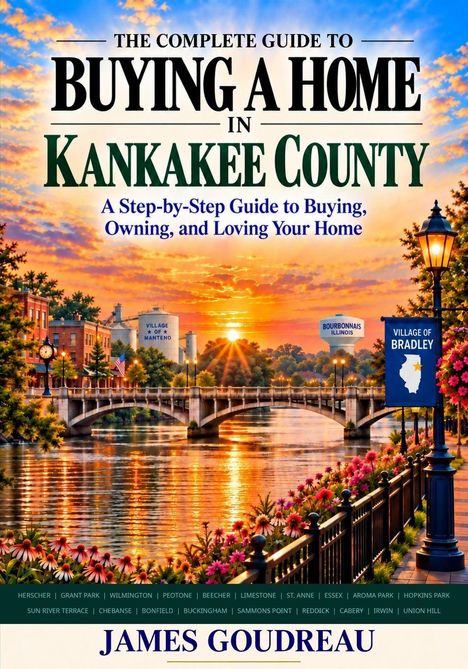 "The Complete Guide to Buying a Home in Kankakee County. Bild einer malerischen Brücke bei Sonnenuntergang."