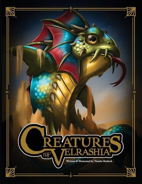 "Creatures of Velrashia" ist der Titel. Eine Illustration zeigt ein mythisches, buntes Wesen mit Schuppen und Flügeln.