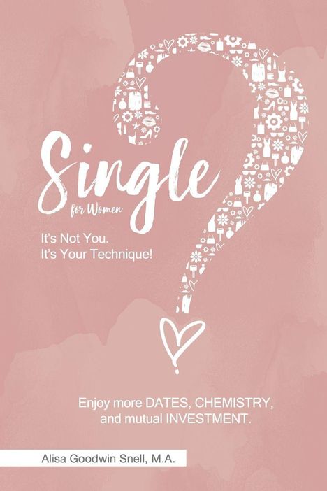 „Single for Women. It's Not You. It's Your Technique! Enjoy more DATES, CHEMISTRY, and mutual INVESTMENT.”  
Illustration eines Fragezeichens aus Herz- und Blumenmotiven.