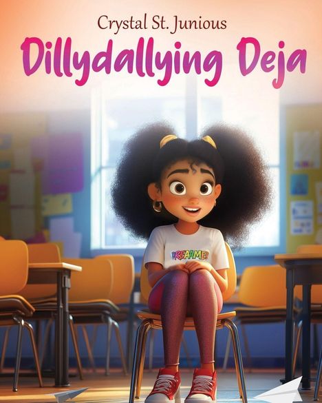 Text: "Crystal St. Junious, Dillydallying Deja." Illustration: Mädchen mit Afro sitzt lächelnd im Klassenzimmer, trägt "Dreamer"-Shirt.