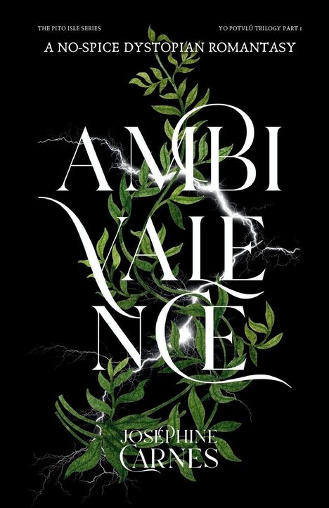 Texts: "A No-Spice Dystopian Romantasy", "Ambivalence", "Josephine Carnes". Green leaves and lightning on black.