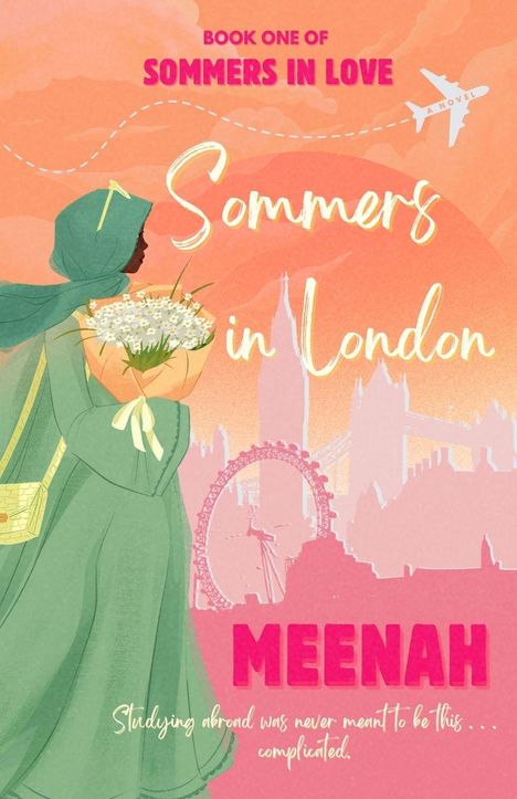 Erster Teil von "Sommers in Love". "Sommers in London". Frau mit Blumen vor Londoner Skyline.