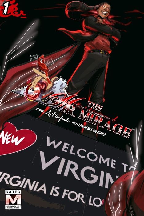 Logo mit verführerischem Mann: "WELCOME TO VIRGINIA," "VIRGINIA IS FOR LOVERS," "THE MR. MIRAGE," "RATED M," mit stilisierten Elementen.