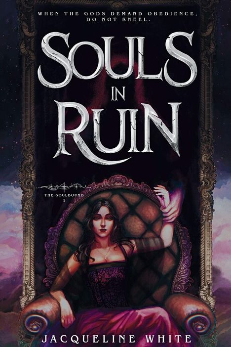 "Souls in Ruin" oben, darunter Frau in opulenten Kleidern auf einem Thron, umgeben von einem verzierten Rahmen.