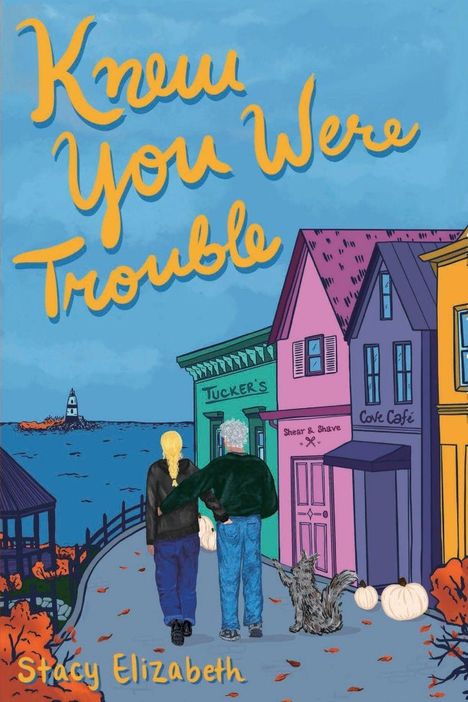 "Knew You Were Trouble" oben, "Stacy Elizabeth" unten. Paar und Hund gehen eine bunte Straße entlang, Meer im Hintergrund.