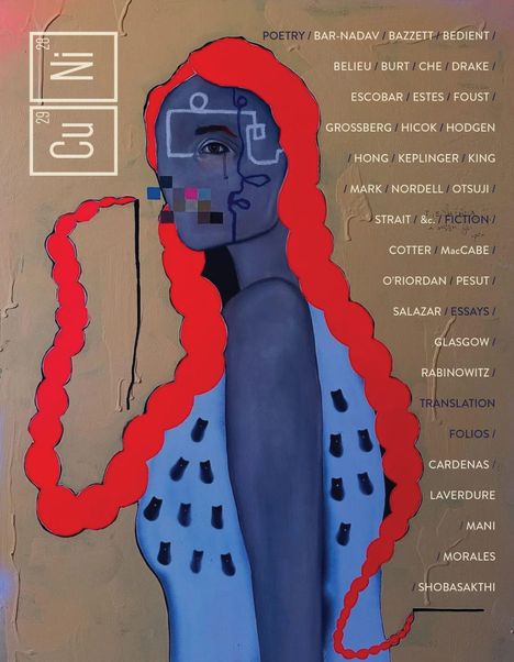 Texte: "Poetry", "Fiction", "Essays", "Translation", Namen wie "BAR-NADAV". Illustration: Figur mit rotem Zopf und abstraktem Gesichtsmuster.