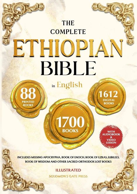 Weiße Schrift: "The Complete Ethiopian Bible in English". Goldene Verzierungen und Siegel mit Zahlen: "88", "1700", "1612".