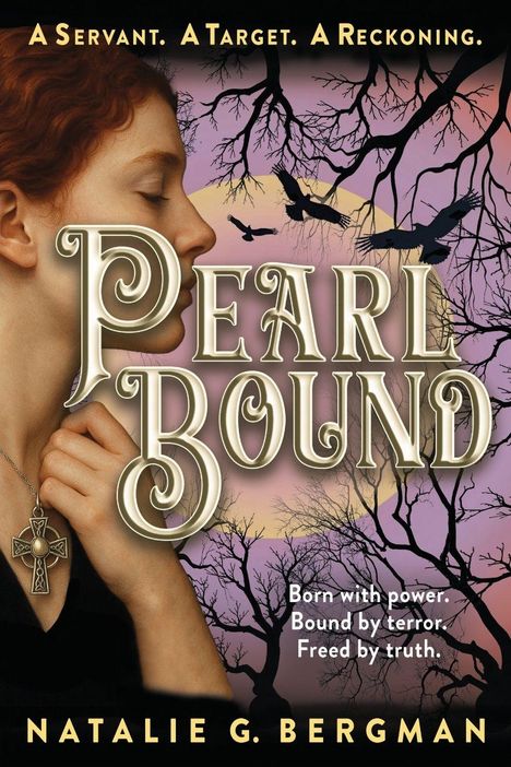Pearl Bound. Born with power. Bound by terror. Freed by truth. Porträt einer Frau mit Kreuzanhänger, kahle Bäume, Vögel.