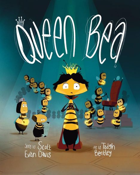 „QUEEN BEA“ in großen Buchstaben, eine Cartoon-Biene mit Krone umgeben von anderen Bienen.