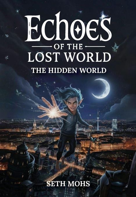 "Echoes of the Lost World: The Hidden World" von Seth Mohs. Ein Junge mit leuchtender Hand fliegt über eine nächtliche Stadt.