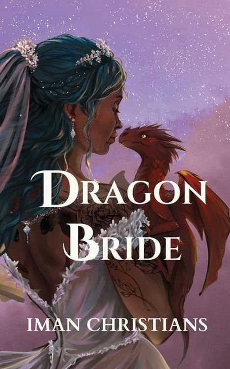 „Dragon Bride“ und „Iman Christians“. Eine Frau mit blauen Haaren hält einen kleinen roten Drachen.