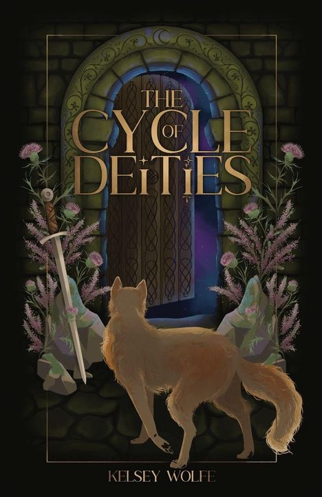 "The Cycle of Deities", "Kelsey Wolfe". Ein Hund steht vor einer Tür, umgeben von Pflanzen und einem Schwert. Mystische Atmosphäre.