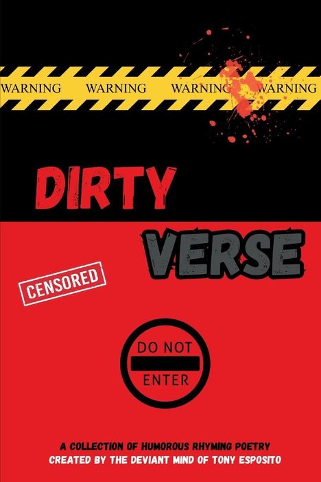WARNUNG. Verschmiertes Band mit Texten „CENSORED“, „DIRTY VERSE“, „DO NOT ENTER“. Rot-schwarzes Design.