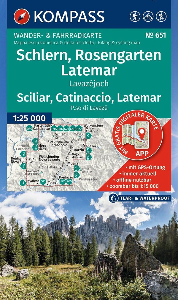 KOMPASS Wanderkarte 651 Schlern, Rosengarten, Latemar, Lavazéjoch / Sciliar, Catinaccio, Latemar, P.so di Lavazé 1:25.000