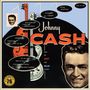 Text: "Johnny Cash", "Folsom Prison Blues", "I Walk the Line". Illustration: Gitarre und Porträt eines lächelnden Mannes.