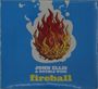 Text: JOHN ELLIS & DOUBLE WIDE, fireball. Illustration einer brennenden Flamme auf blauem Hintergrund.